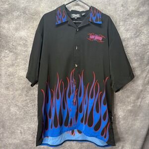 Dragonfly Clothing Y2K Flames Button Up Shirt Mens XXL Black Blue Last Resort